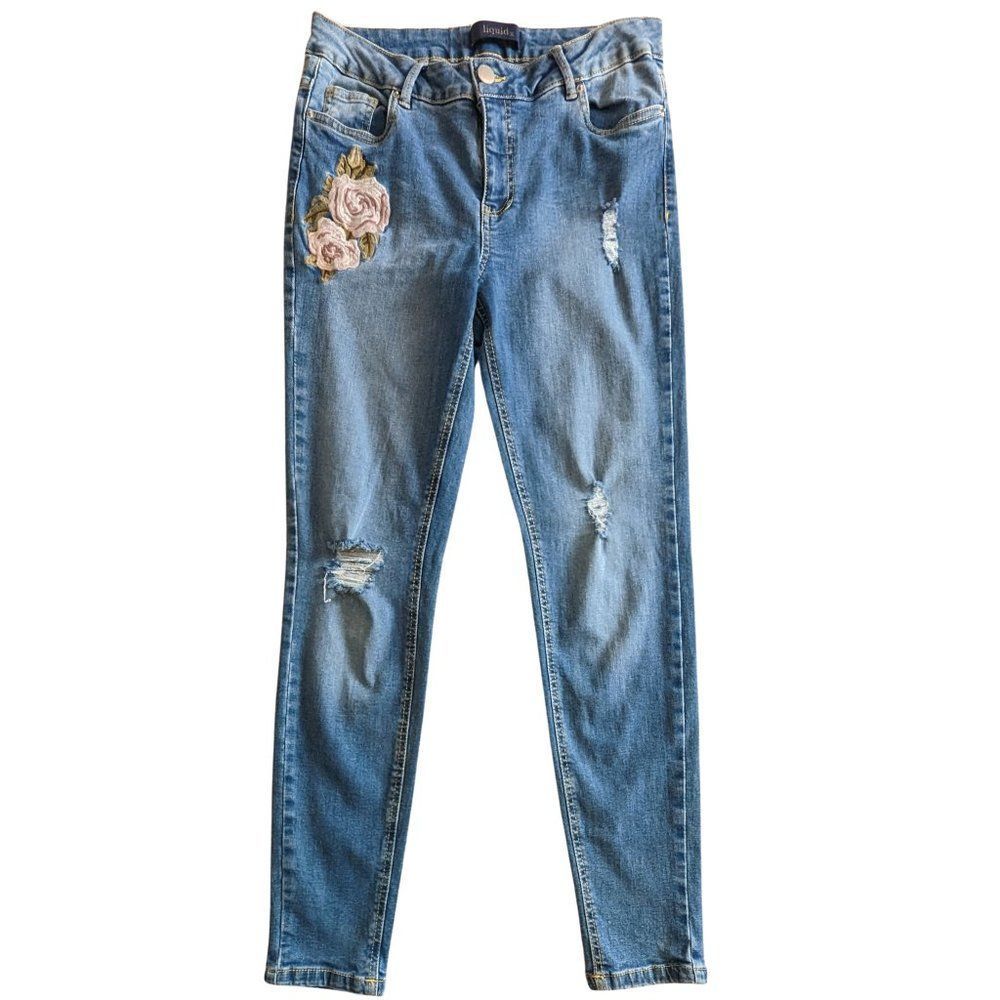 LiquidX Size 9 Blue jeans with Embroidered Rose and distressed 28 inch inseam